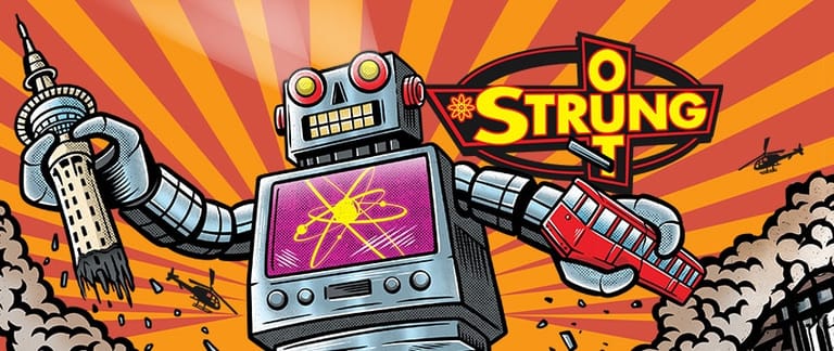 Colourful retro robot illustration with screen display and mechanical limbs against radiating orange and yellow sunburst background.