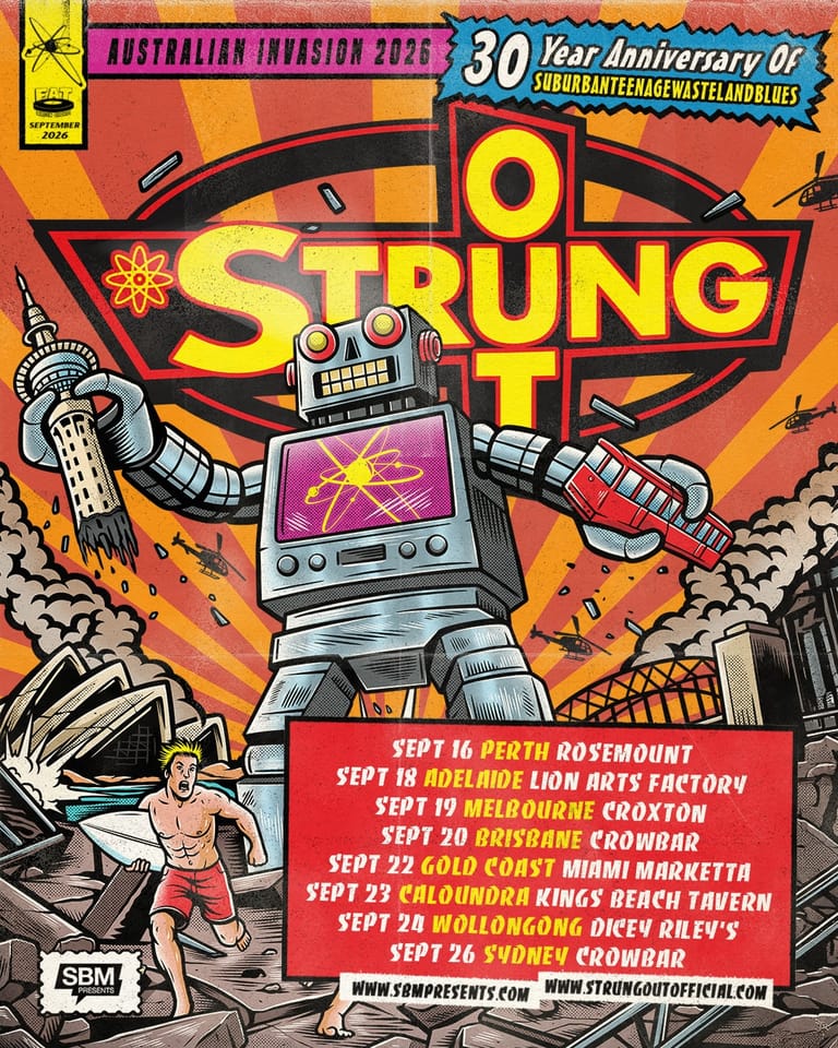 Retro robot illustration with yellow and red lettering advertising Strung's 30-year anniversary tour across Australian venues in September.
