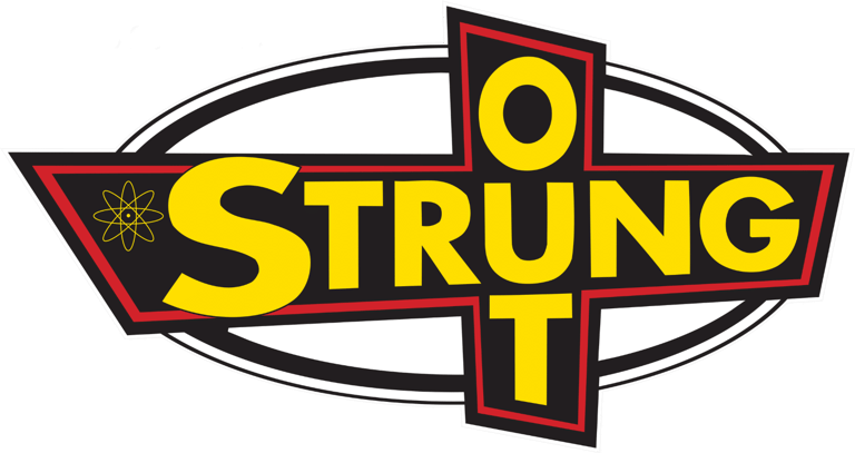 Strung logo featuring yellow text on a red cross with black oval outline and wheel symbol.