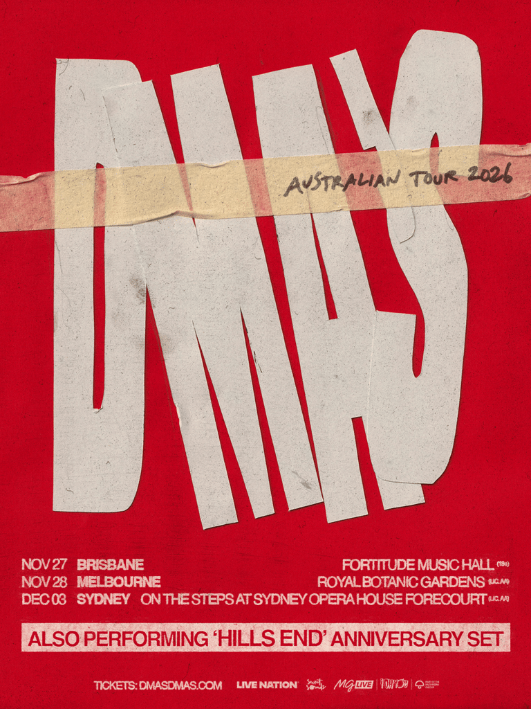 Large white text reading "DUMA DUMPS" with a tan tape stripe marked "Australian Tour 2026" diagonally across a red background, with tour dates listed below.