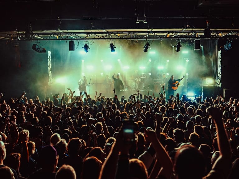 Crowd of enthusiastic concertgoers with raised arms facing an illuminated stage during a live tour performance.