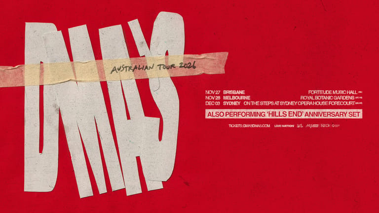 Large white and cream text reading "INXS" and "Australian Tour 2024" displayed against a bold red background.