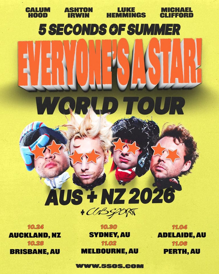 Four band members with stylised star-themed face paint and sunglasses on bright yellow promotional poster for Everyone's a Star World Tour.
