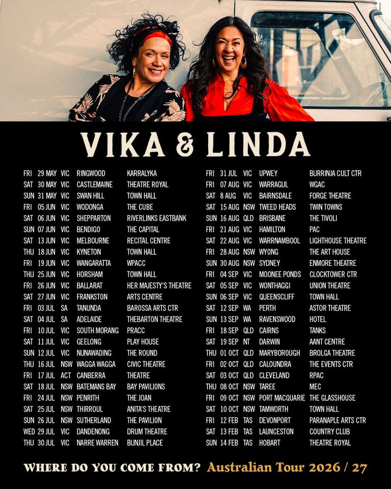 Two women in a vintage car with tour dates listed below for an Australian theatre tour.