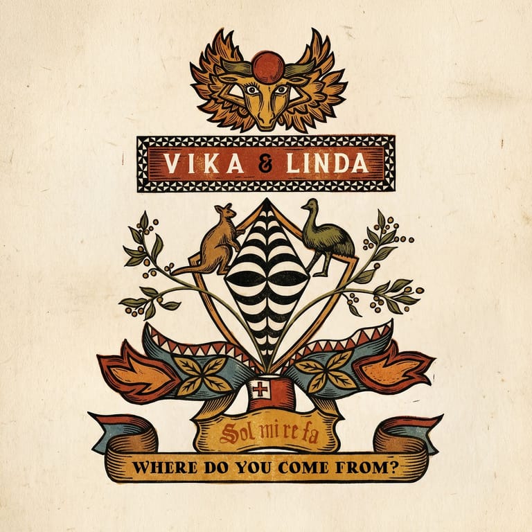 Album artwork for Vika & Linda's "Where Do You Come From?" tour, featuring ornate illustrated emblems and natural motifs in earthy tones.