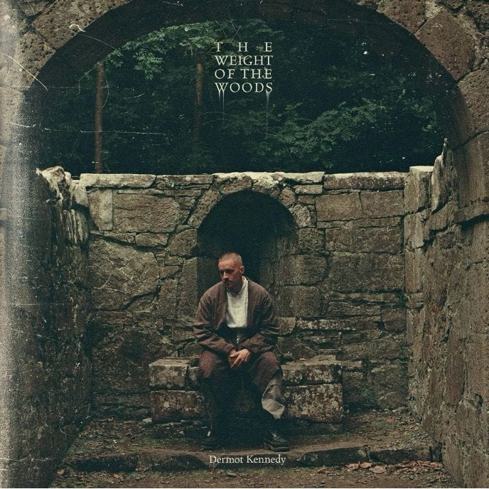 Bearded man seated in a stone archway beneath text reading "The Weight of the Woods" by Dermot Kennedy.