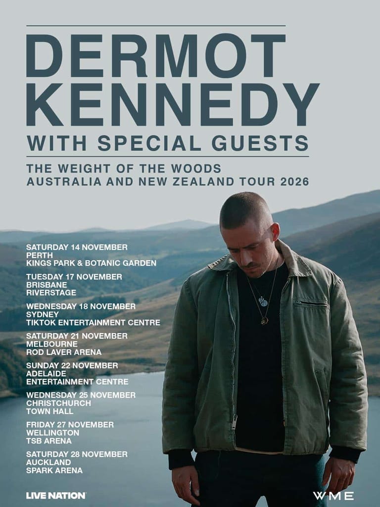 Dermot Kennedy tour poster featuring the artist in a grey-green jacket against a mountain landscape backdrop.