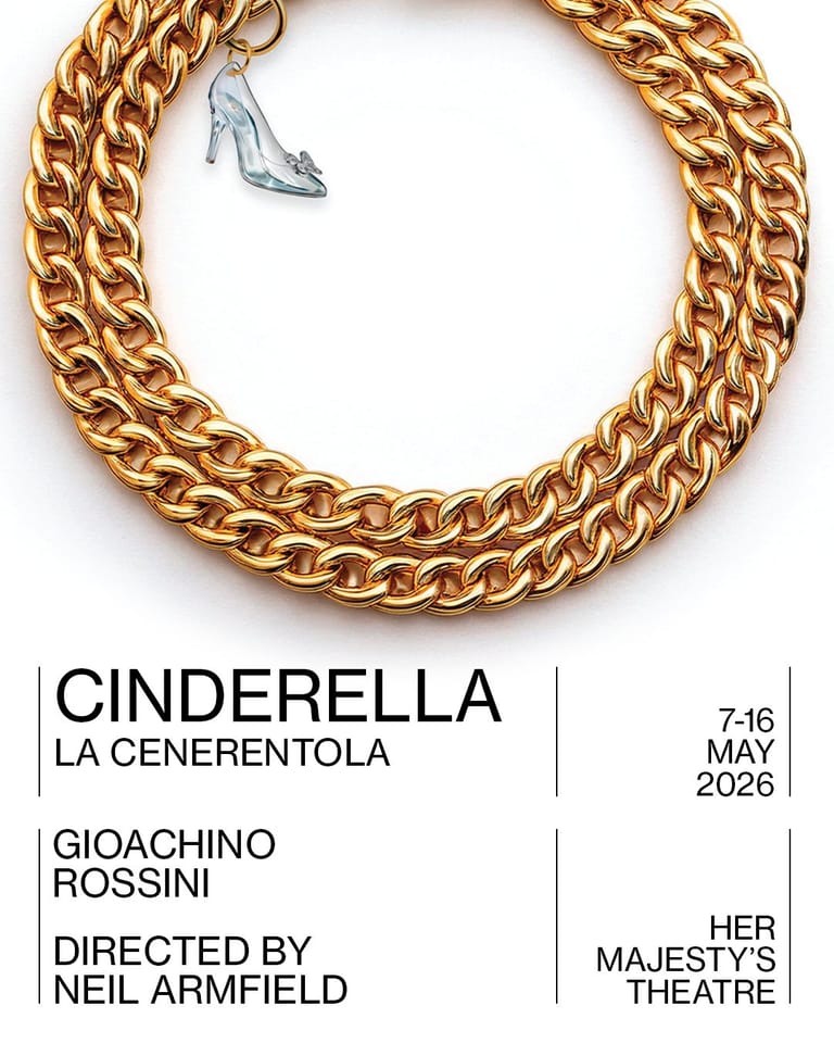 Gold chain necklace with a silver glass slipper charm against a white background for Cinderella theatre production poster.