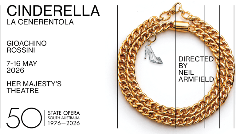 A ornate gold chain wreath frames a delicate silver slipper against a white background on a theatrical poster for Cinderella.