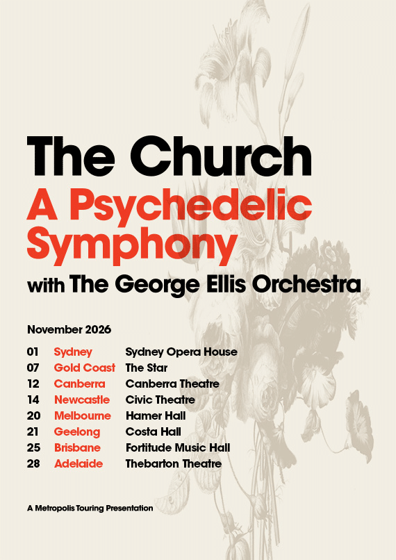 The Church tour poster for "A Psychedelic Symphony" with The George Ellis Orchestra, listing Australian venues from November 2026.