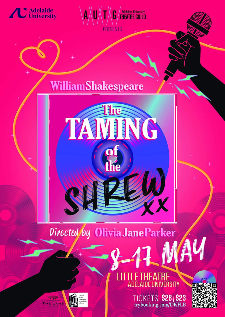Vibrant pink poster for "The Taming of the Shrew" features bold typography, silhouetted hands, and lightning bolt graphics.