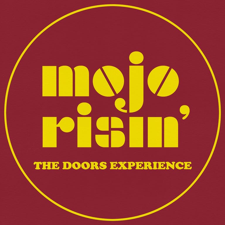 Yellow "Mojo Risin' The Doors Experience" logo text inside a gold circle on burgundy background.