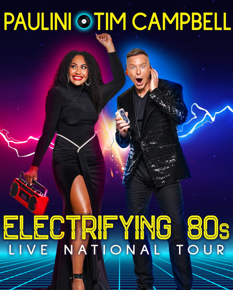Two performers in sequined black outfits pose against neon lightning effects for the Electrifying 80s Live National Tour.