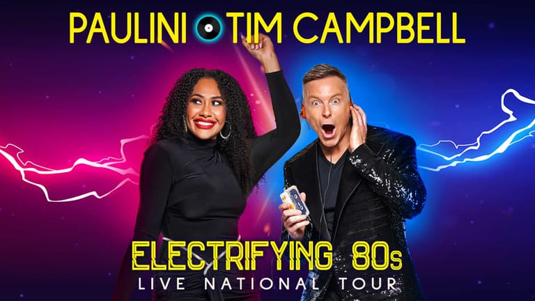 Two performers pose expressively against neon pink and blue lightning effects with tour title text.
