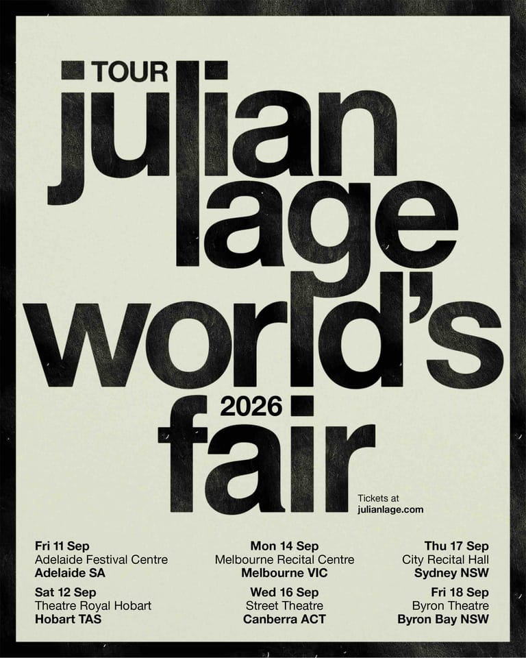 Bold typographic poster for Julian Lage's 2026 world tour with Australian venue dates and cities listed.