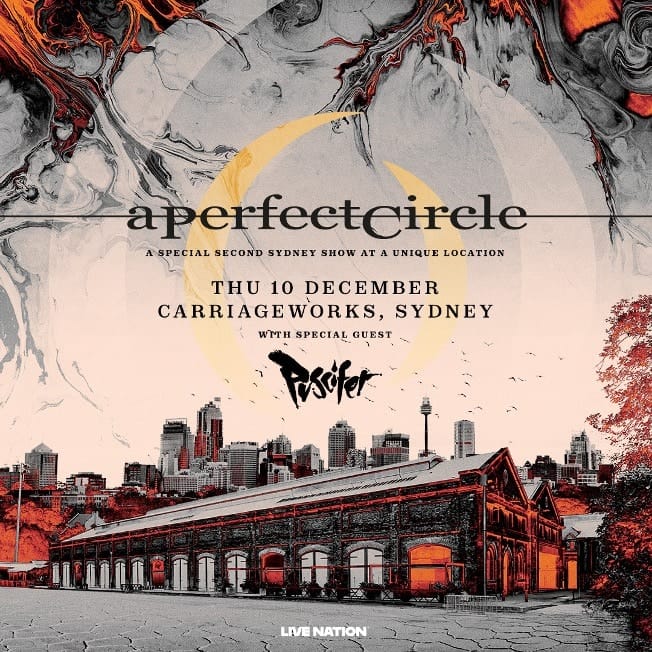 A Perfect Circle tour poster featuring abstract red and black artwork above the Sydney skyline and Carriageworks venue.