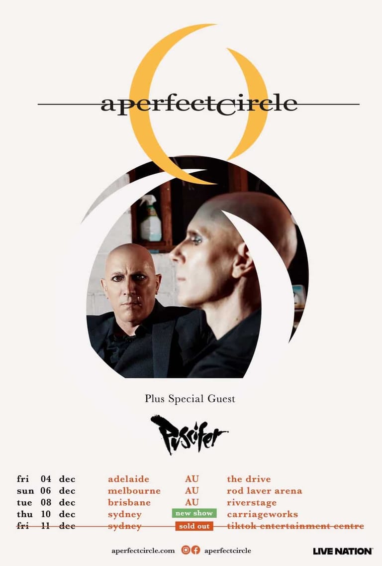A Perfect Circle tour poster featuring two band members in a circular frame with gold crescent moon logo and Australian venue dates listed below.