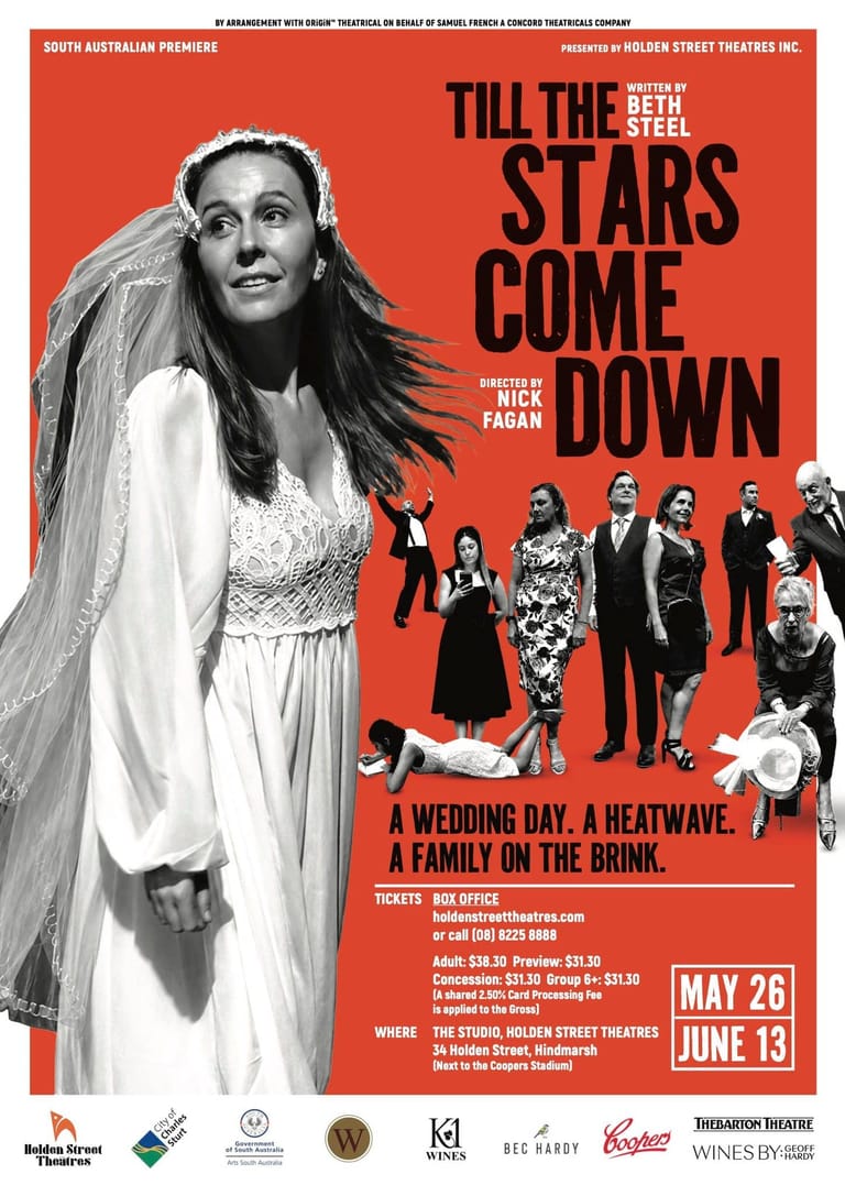 Woman in white wedding dress with wings against red theatrical poster for "Till the Stars Come Down".