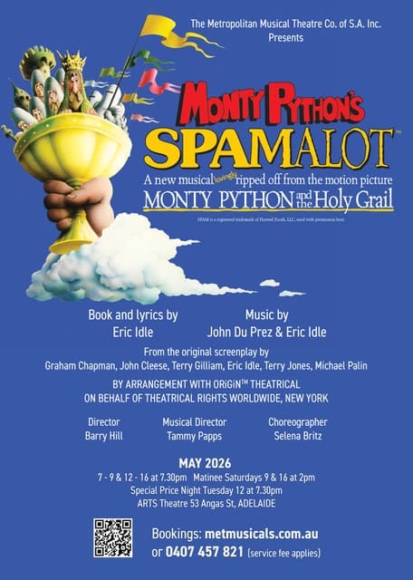 Colourful theatrical poster for Monty Python's Spamalot featuring a giant golden chalice against a blue sky with clouds.