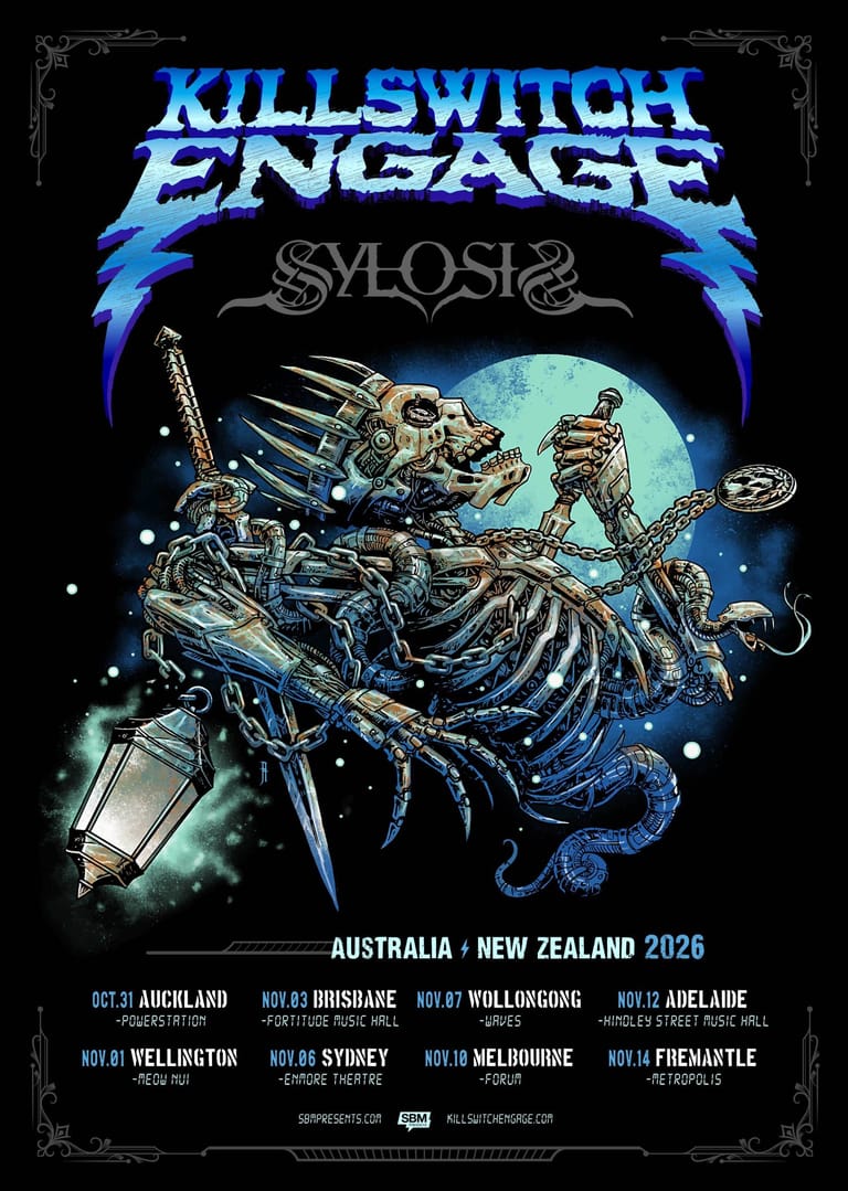 Killswitch Engage and Sylos tour poster featuring skeletal figures on a mechanical creature against a glowing moon, with Australia and New Zealand dates listed.