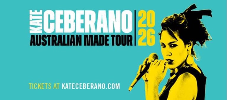 Performer holding microphone against turquoise background promoting an Australian made tour in 2025.