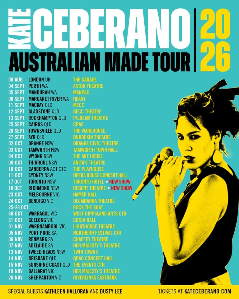 Katie Ceberano in yellow and black against turquoise background for 2026 Australian Made Tour poster.