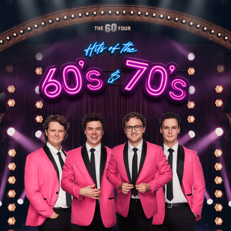 Four men in bright pink and black suits stand centre stage beneath a neon "Hits of the 60s & 70s" sign framed by vintage stage lighting.