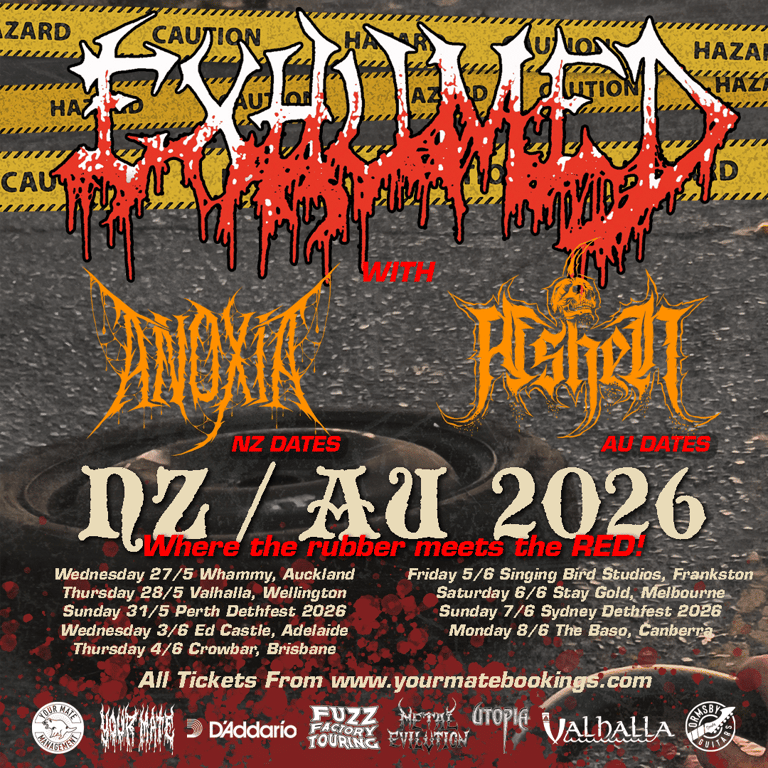 Exodus metal band tour poster featuring yellow hazard stripe design, red dripping logo, and Australian dates across multiple cities in 2026.