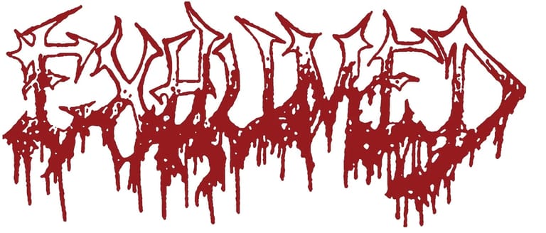 Exhumed band logo in dripping blood-red lettering against a white background.