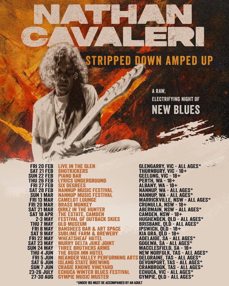 Musician Nathan Cavaleri plays electric guitar against an orange and gold abstract background on a tour poster for "Stripped Down Amped Up".