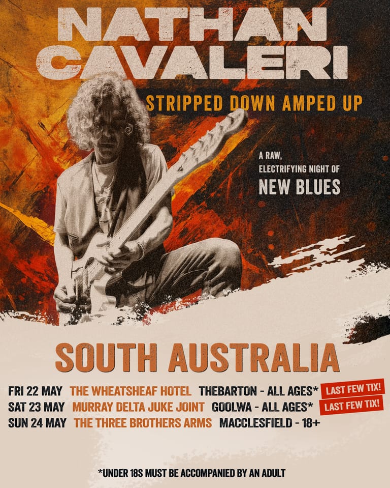 Guitarist Nathan Cavaleri performs intensely against an orange and cream textured background promoting his "Stripped Down Amped Up" tour across South Australia venues.