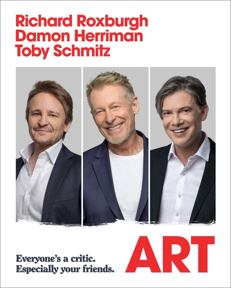 Three men in business casual attire stand side by side for promotional portraits for the play Art.