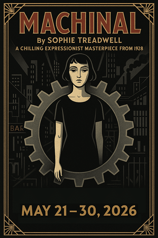 Woman in black clothing surrounded by industrial gears against an Art Deco cityscape backdrop.