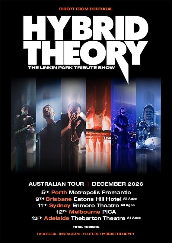 Six performers in dramatic lighting stand silhouetted across coloured vertical panels for the Hybrid Theory Linkin Park tribute show poster.