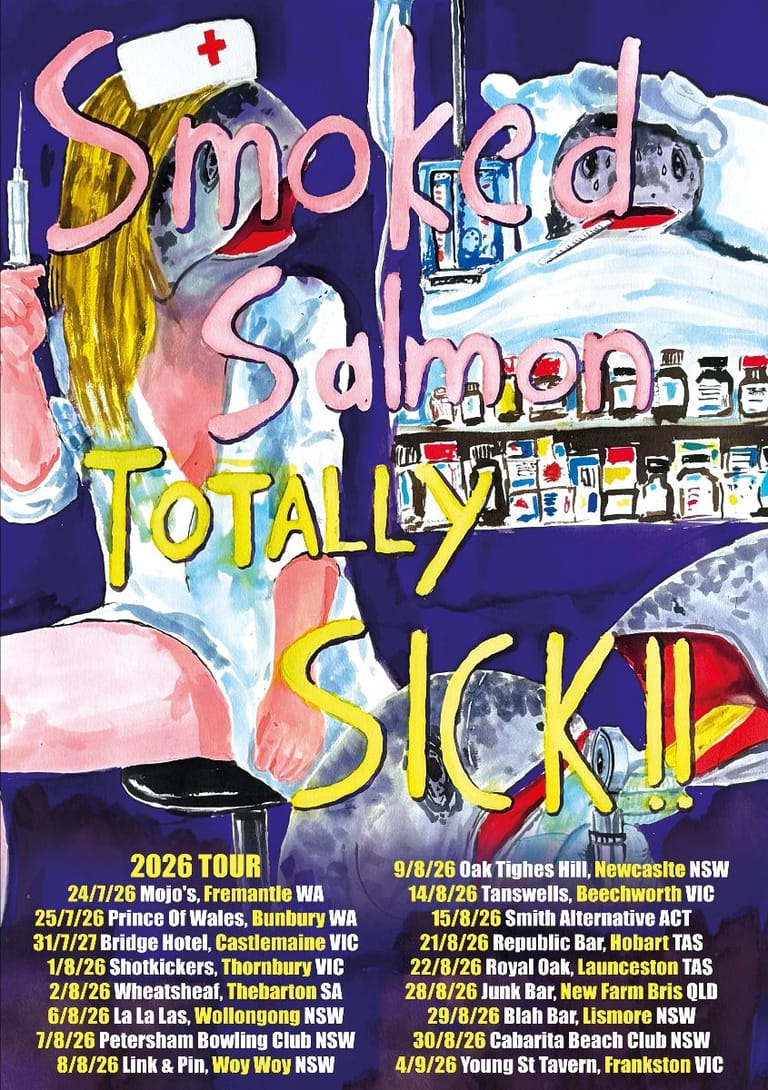 Colourful tour poster featuring a nurse figure, pink flamingo, medical imagery and bold typography advertising Smog and Salmonella's 2026 Australian tour dates.