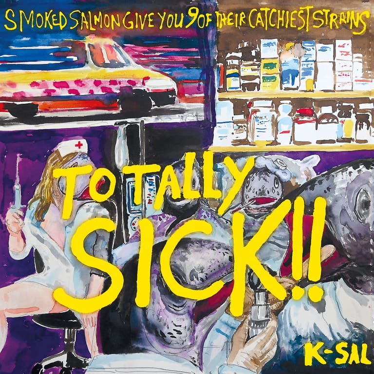 Collage-style tour poster with bold yellow text "Totally Sick!!" overlaid on colourful images of vintage cars and merchandise displays.