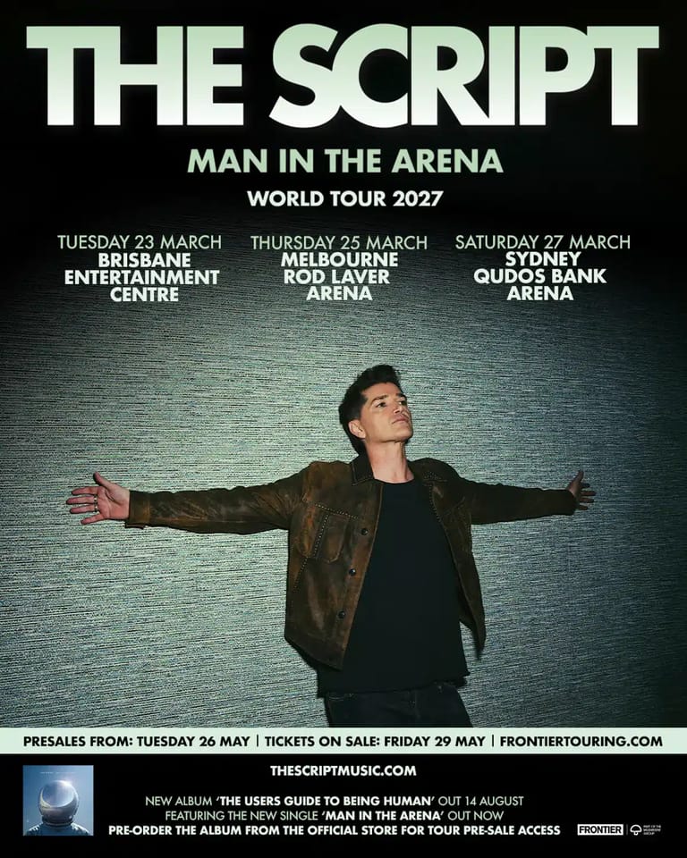 Man with arms outstretched in brown jacket against textured backdrop for The Script's World Tour 2027.