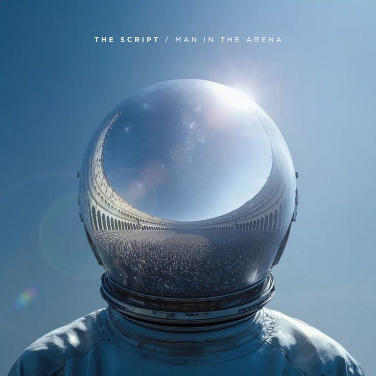 Reflective spherical helmet containing a vast arena crowd against a bright sky backdrop.