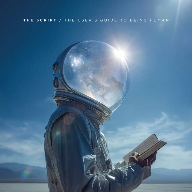 Astronaut in spacesuit holding a book against a bright blue sky and mountains.