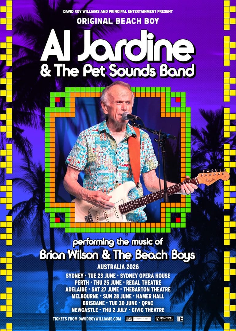 Musician with white hair playing electric guitar in a colourful retro-styled promotional poster for a Beach Boys tribute tour.