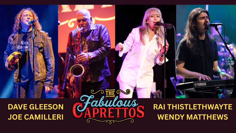 Four musicians perform under stage lights: saxophonist, trumpeter, vocalist in white suit, and keyboardist, representing The Fabulous Caprettos.