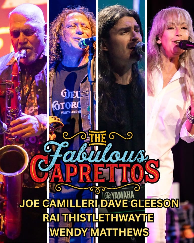 Four musicians perform on stage with saxophones and microphones under coloured stage lighting during The Fabulous Caprettos 2026.