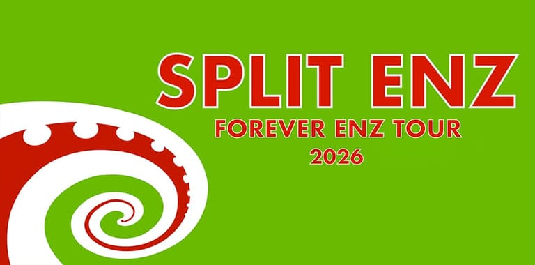 Split Enz Forever Enz Tour 2026 promotional graphic with red and white spiral logo on bright green background.