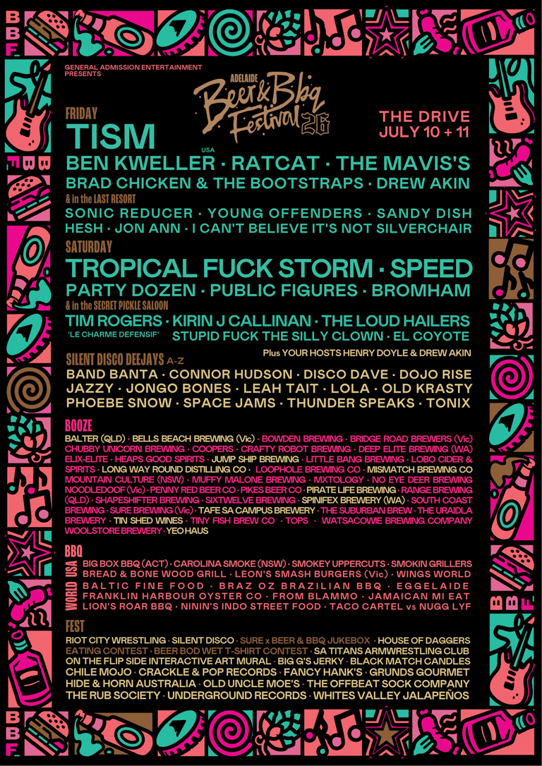 Beerfarm Festival 2024 programme poster with colourful neon musical instruments and swirls framing bands and performers listed against black background.