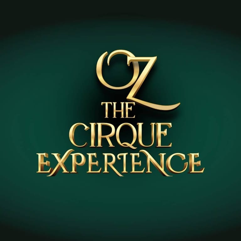 Gold "Oz The Cirque Experience" logo on deep teal background.