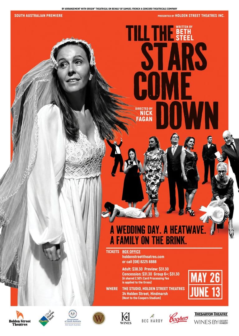 A woman in a flowing white wedding dress with windswept dark hair stands against a bold red theatre poster for "Till The Stars Come Down," with a wedding party assembled behind her.