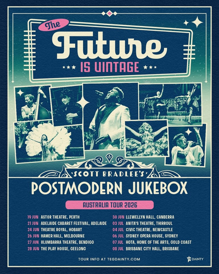 Retro-styled tour poster for Scott Bradley's Postmodern Jukebox Australia tour 2025 featuring vintage performance photographs.