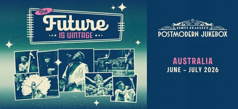 Postmodern Jukebox "Future is Unwritten" Australia tour promotional graphic featuring vintage-style photographs and retro signage.