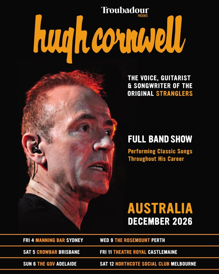 Hugh Cornwell, voice and guitarist of The Stranglers, performs during an Australia tour in December 2026.