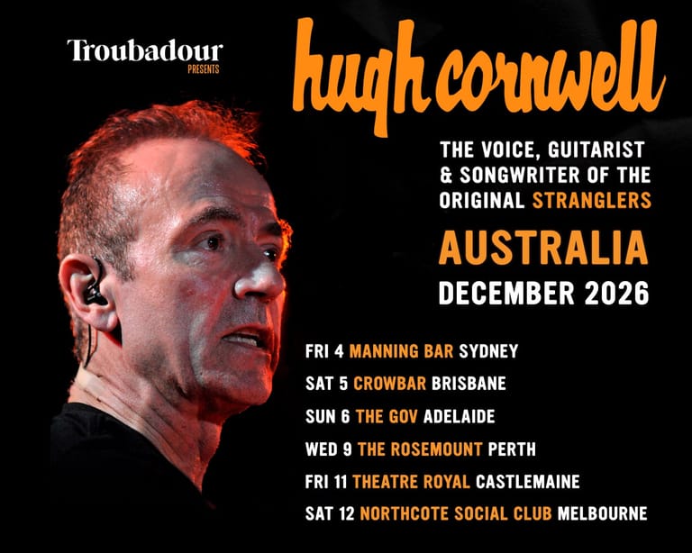 Male performer in profile with red stage lighting, tour poster for Hugh Cornwell Australian dates December 2026.